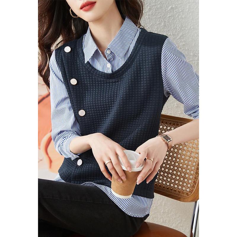 Spring Autumn New Polo-neck Vintage Striped Patchwork Shirt Ladies Long Sleeve Fake Two Pieces Casual Fashion Blouse Women's Top