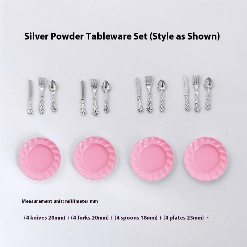 1/12 Scale Miniature Dollhouse Cake Dish with Knife Fork Spoon Set - DIY Decoration Doll House Accessories for 1/12 Scale Models