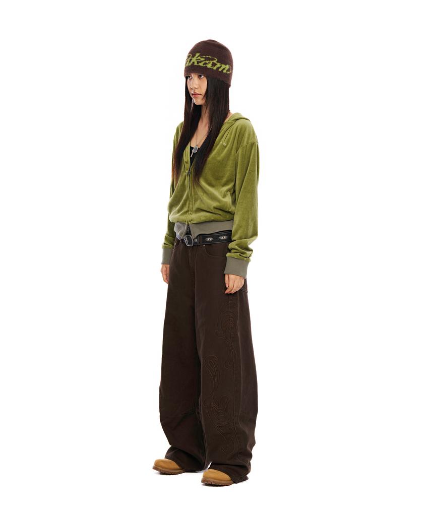Aakam Rhinestone Velor Zip-Up Hoodie (Green)