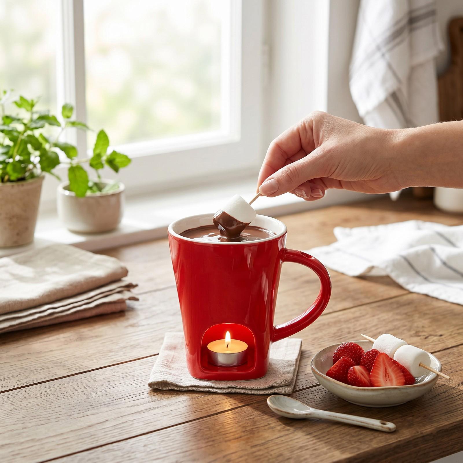 130ML Keramický hrnek na čokoládové fondue a nerezová vidlička Čokoládový sladký tavicí pohárek na párty Červený beige