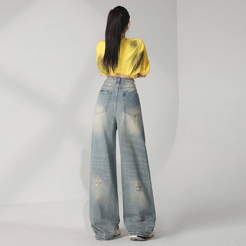 American retro old ripped holes washed worn jeans women loose high waist thin wide legs mopping pants
