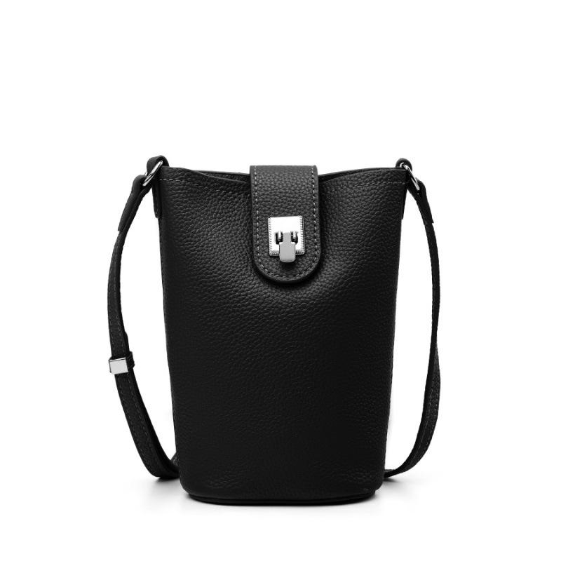 Top-grain Leather Single-shoulder Crossbody Small Bag, Mobile Phone Bag, Women's Versatile Leather Vertical Casual Small Bucket Bag