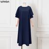 Summer Women O Neck Half Sleeve Pleating Casual Long Oversized Dress