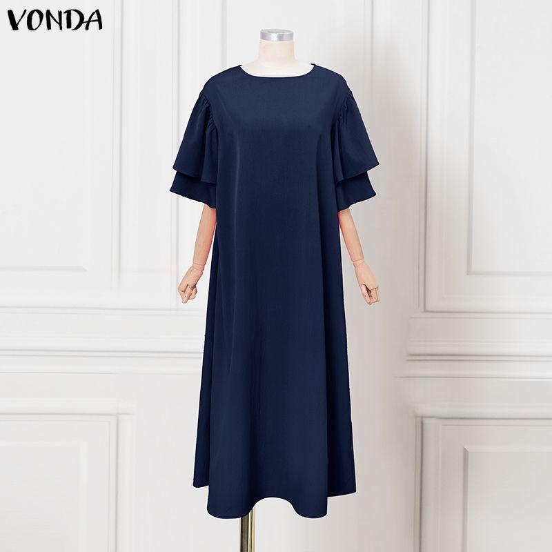 VONDA Summer Women O Neck Half Sleeve Pleating Casual Long Oversized Dress