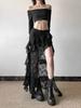 Women's Lace Spliced Skirts Black High Waist Ruffle Irregular Long Skirt Gothic Style Streetwear Summer