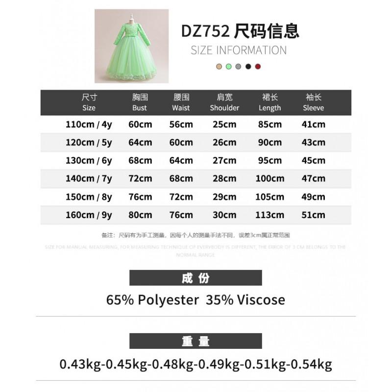 Girl Long Sleeve Dress Princess Party Gown Flower Performance