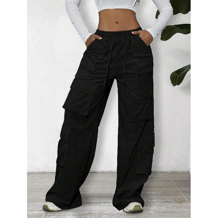 Women's Cargo Pants Spring/Summer New Wide-Leg Pants Casual Simple Tie-Waist Multi-Pocket Long Pants