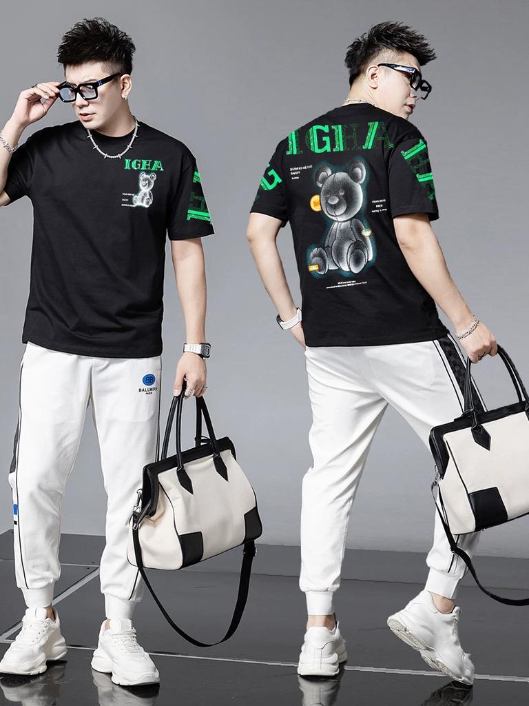 European Trendy Brand Bear Print Rhinestone Men's Short-Sleeve Summer 2025 New Style Printed Loose Round-Neck T-Shirt for Men
