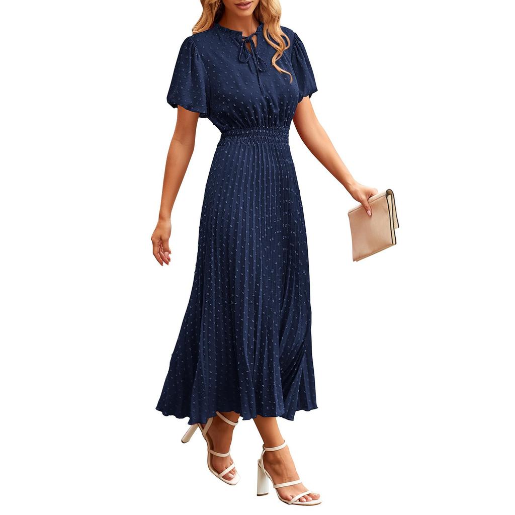 Women's Summer Fashion Loose V-Neck Short Sleeve Tie Solid Color Dresses
