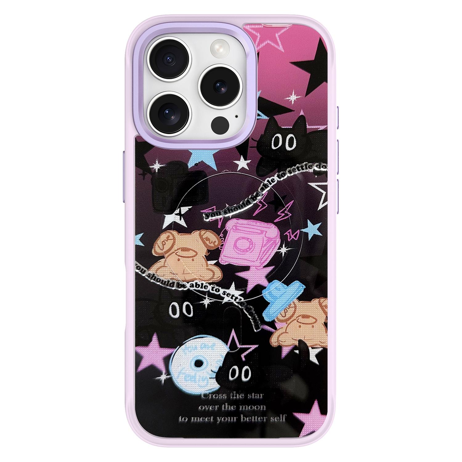 

For iPhone 16 Pro Magnetic Case TPU PC Phone Cover with Detachable Brown Bear Slide Backplate Purple