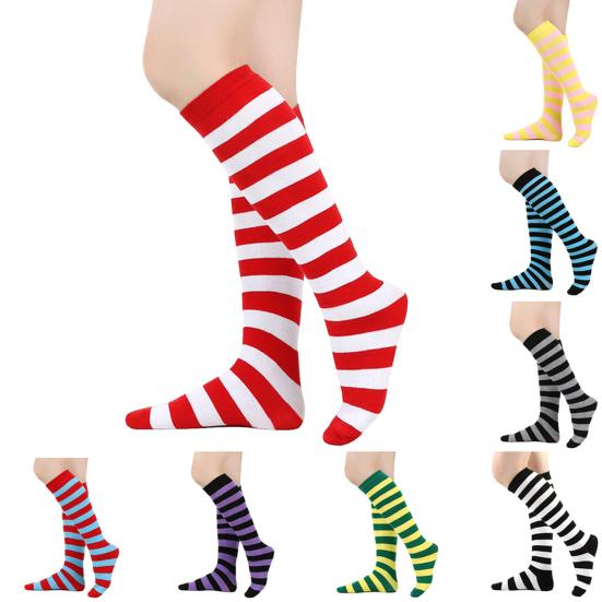 Women Striped Knee-high Socks Colorful Stretchy Knee-length Socks Ribbed Leg Warmers for Costume Party Street Daily Wear