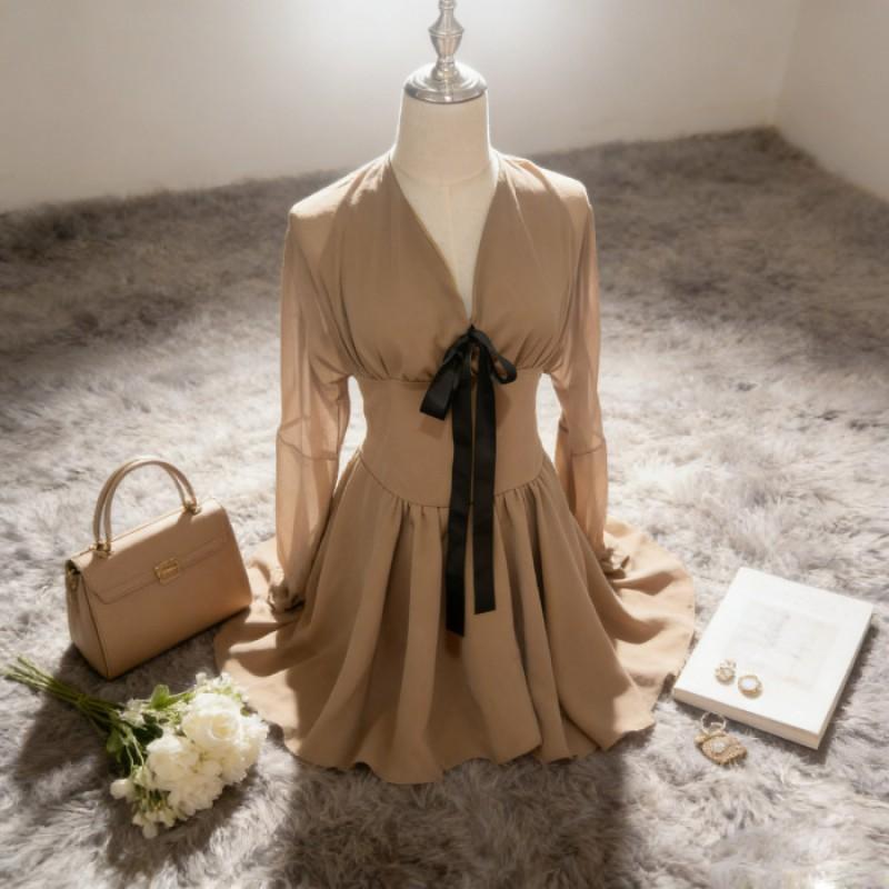 Elegant V-Neck Bow Tie Chiffon Dress Women A-Line Short Sleeveless Skirt High Waist Slim Fit Small