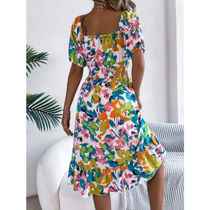 New Women's Floral Print Square Neck Dress, Short Sleeve A-Line Midi Dress with Ruffle Hem & Tie Waist for Spring Summer Casual Party & Daily Wear