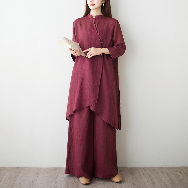 

Весенне-летний женский костюм из рами в стиле дзен-буддизма, состоящий из двух частей - с косым лацканом, одежда для медитации L красный