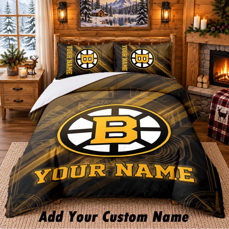 Boston Bruins Pattern Bedding 3Pcs Set Custom Name, Bed Sheet And Pillowcases For Home Bedroom