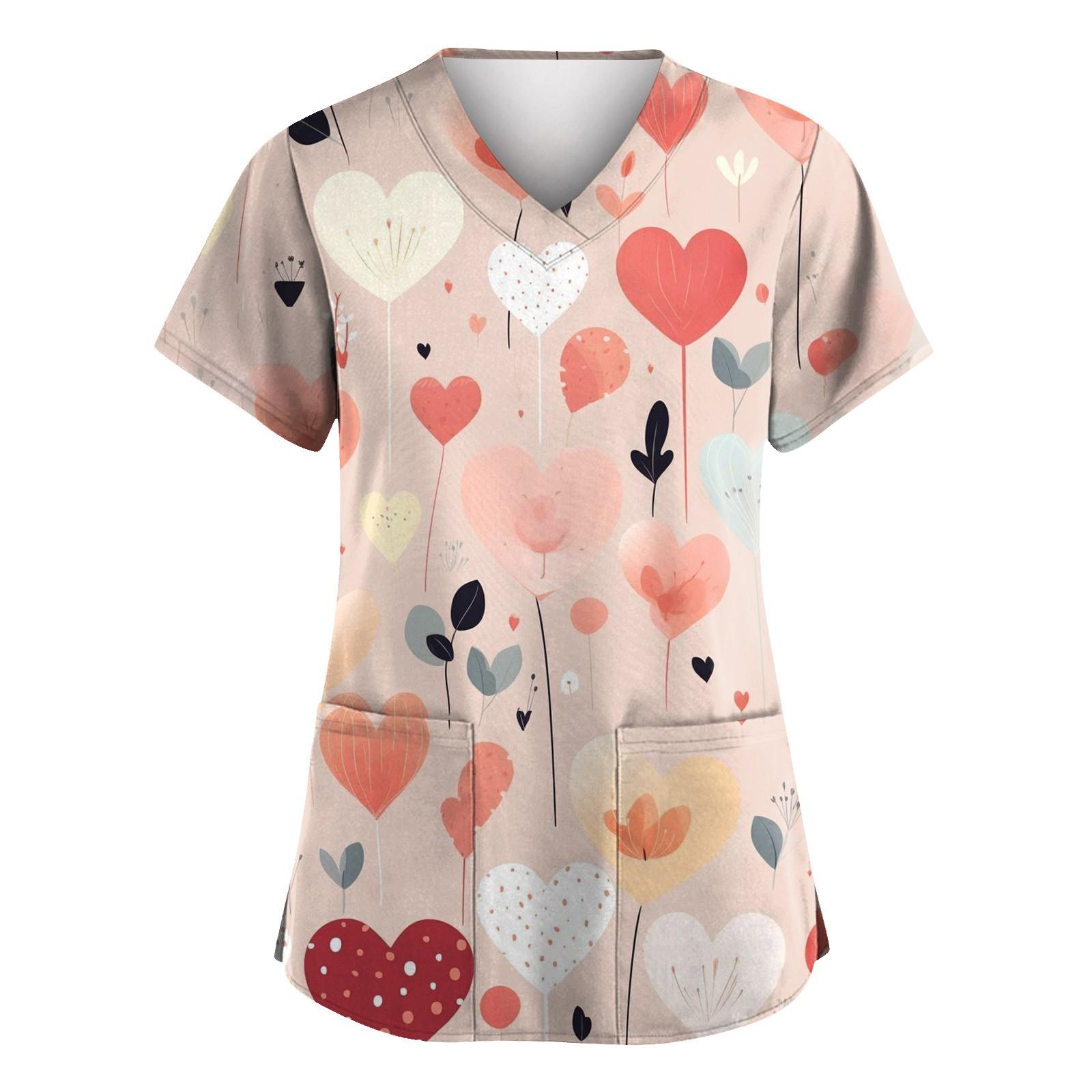 Women s Fashion V-neck Short Sleeve Workwear With Pockets Printed Tops XXL