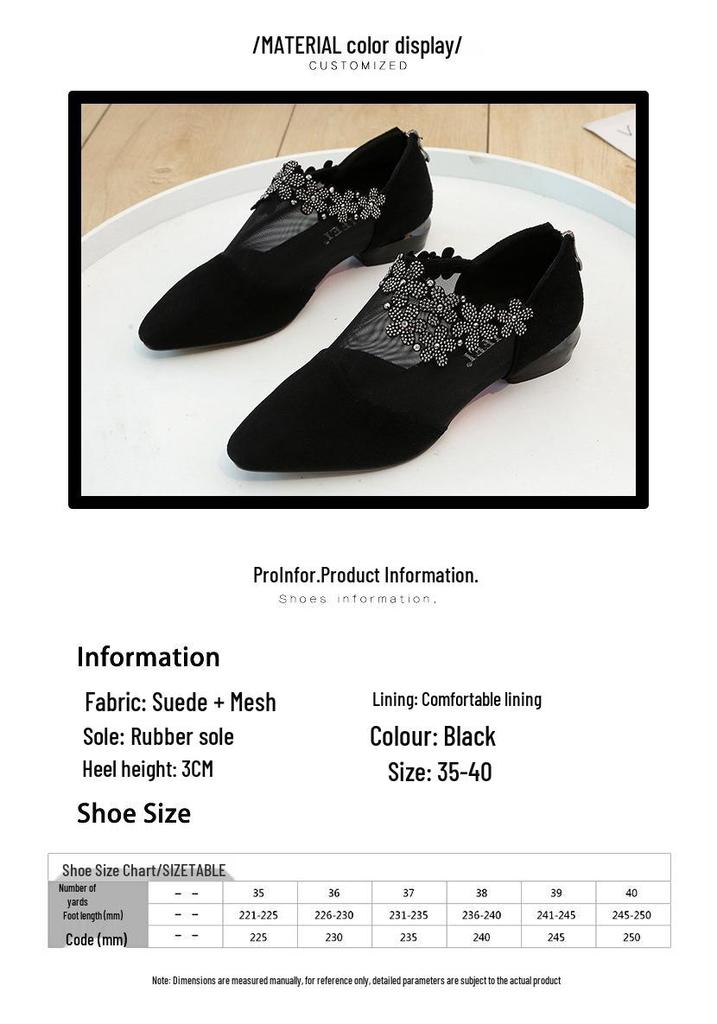 Plus Size Women's Rhinestone Flower Mesh Pointed Toe Low Heel Pumps
