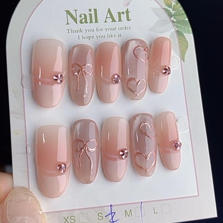 10 Pcs Handmade Pink French Almond Press On Nails With Bow Heart Rhinestones Cute Reusable Fake Nails For Girls
