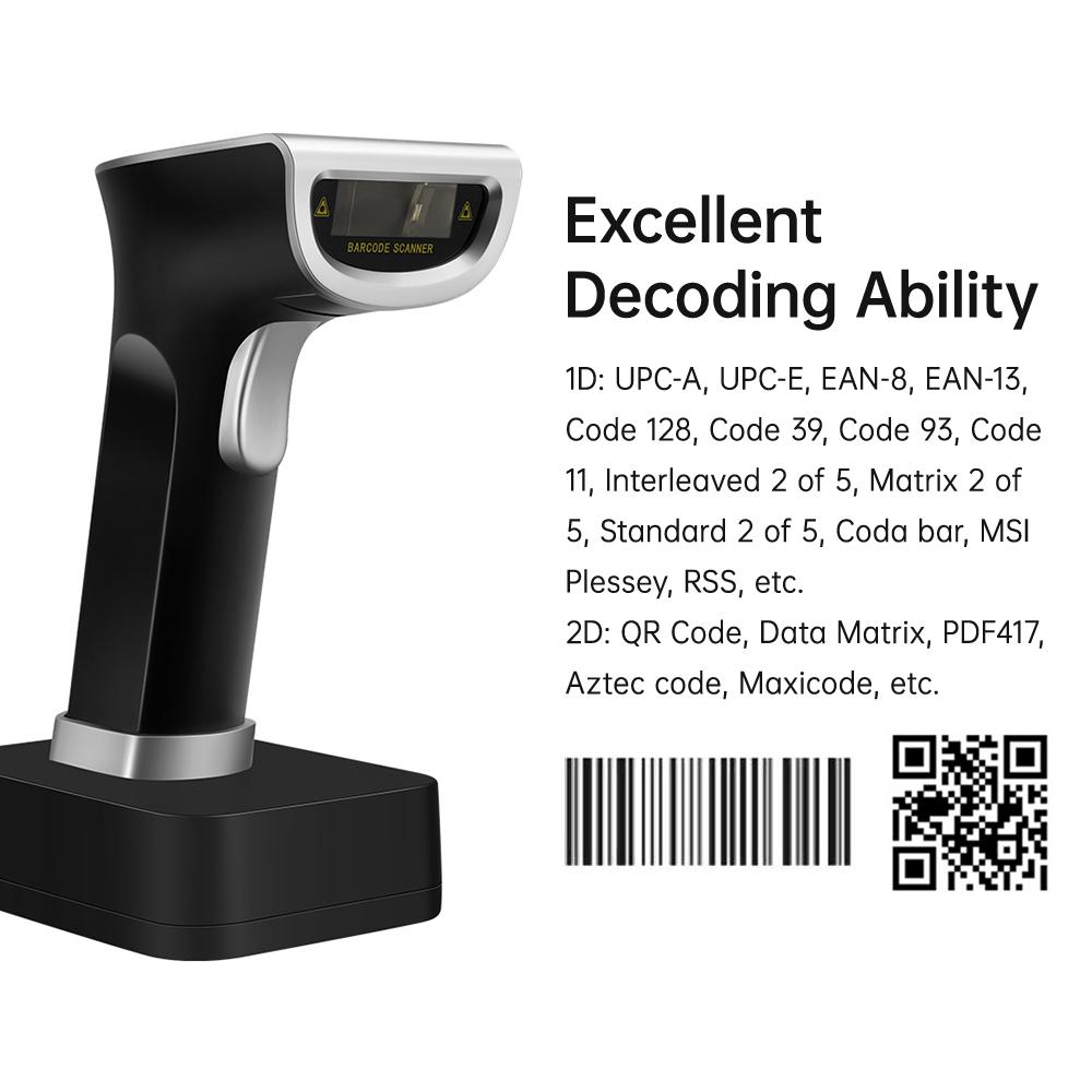 Wireless QR 2D Barcode Scanner with Cradle Handheld USB Wired Bar Code Reader Support Paper and Screen Compatible with