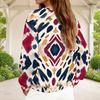 Women Plus Size V Neck Front Zip Blue Beige Watercolor Printed Long Sleeve Sweatshirt