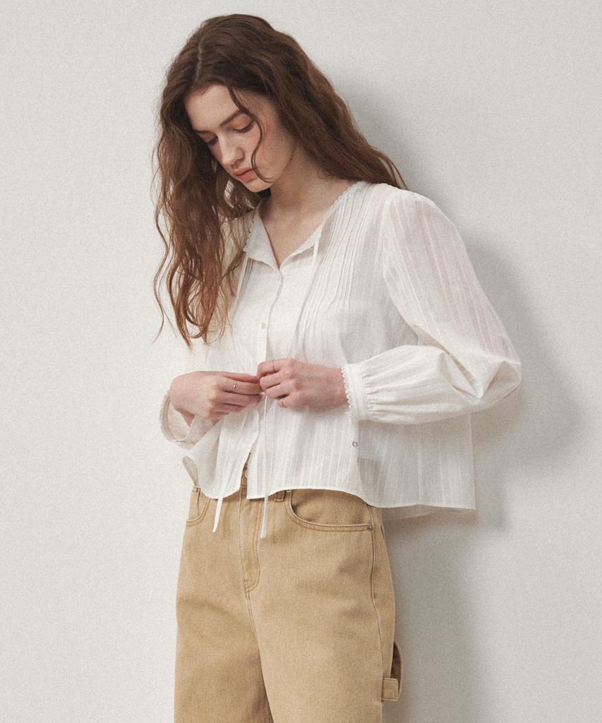 OSTKAKA Pintuck Lace Blouse Long Sleeve Ivory