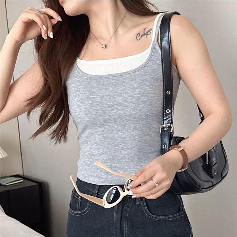 Contrast Color Two-Piece Knit Camisole for Women, Slimming and Elastic, Perfect for Summer