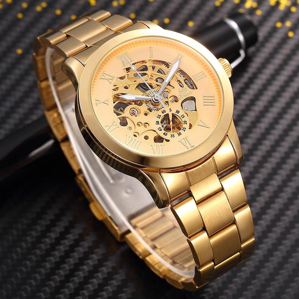 Luxury Gold Mechanical Watch Men Skeleton Watches Stainless Steel Band Automatic Mechanical Wristwatches Men Relogio Masculino