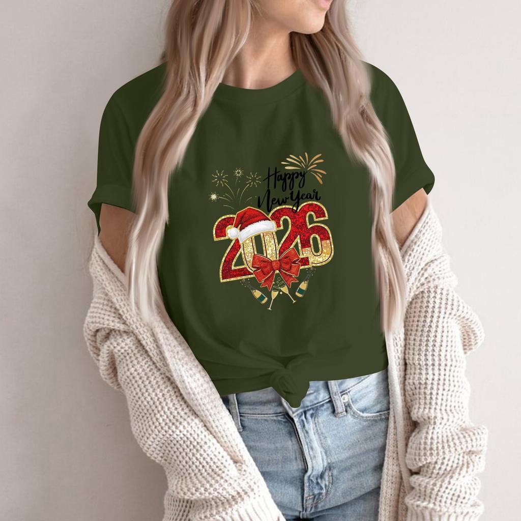 Women's Fashion 2026 New Year Printed Round Neck Short Sleeve Top