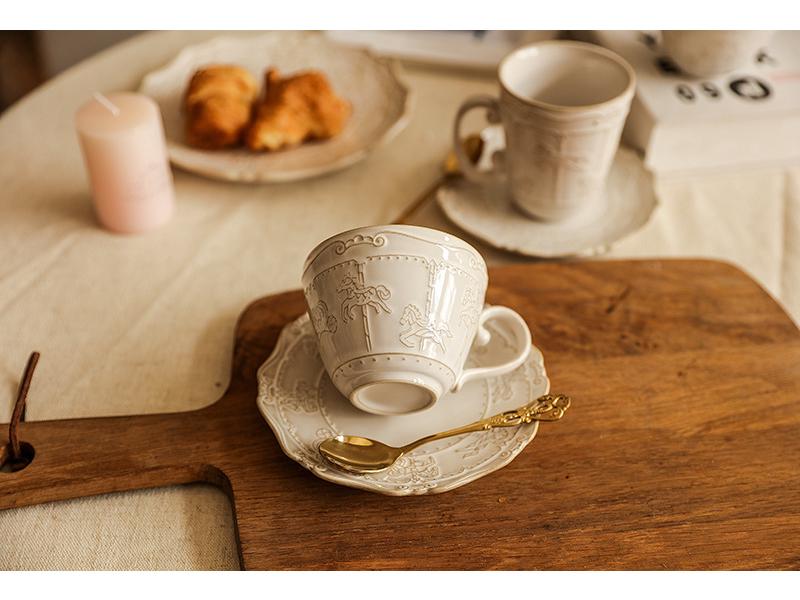 French Retro Embossed Ceramic Coffee Cup & Saucer Set for Afternoon Tea or Latte Art