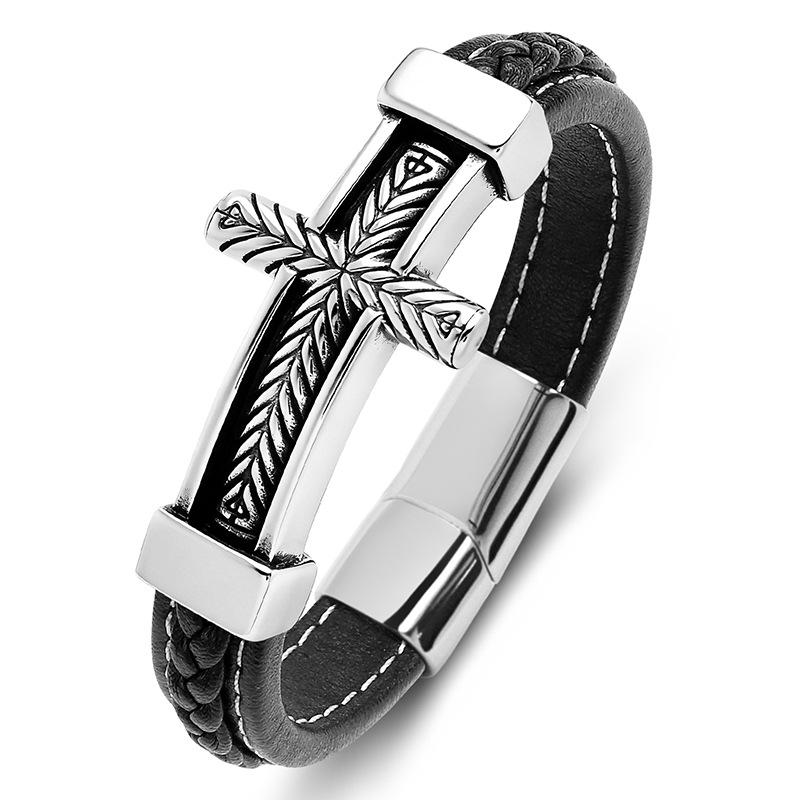 2026 Jewelry, European and American Jewelry Cross Men s Leather Bracelet 16.5CM