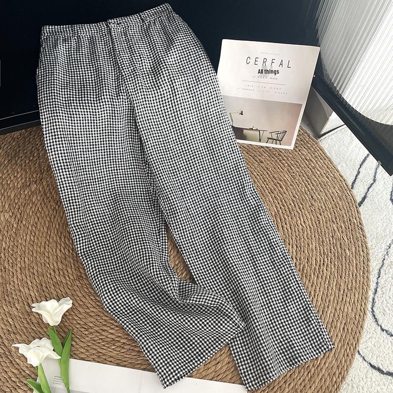 High-End Women s Plaid Cotton-Linen Pants, Summer 2025 Style, High-Waisted Slimming Straight-Leg, Versatile & Casual. XL