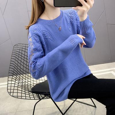 Women's Spring and Autumn Plus Size Thin Section Hollow Round Neck Pullover Casual Solid Colour Bottoming Shirt