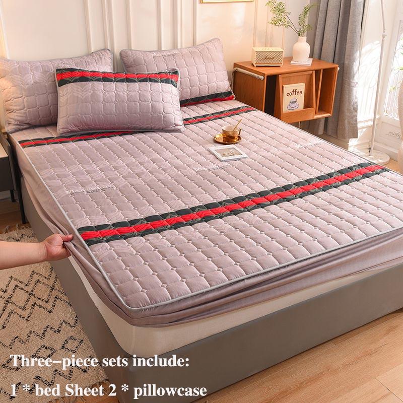 Bed Pillowcase Three-piece Non-slip Fixed Bed Cover Thickened Cotton Breathable Dust-proof Cover Mengsi Protective Cover Double Bed Set