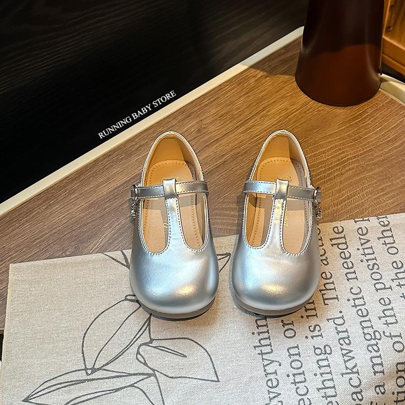 

Chic Fall Soft Soled Girl s Leather Shoes Versatile Retro T-tied Roman Shoes Princess Flat Bottom Solid Color Shoes Child I08147 23 серебряный