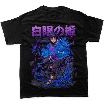 Miniso Camiseta Naruto Hyuga Hinata Byakugan Princesa Estampa Gráfica Roxo Azul Chamas de Chakra com Pedras Quebradas Algodão Preto Feminino