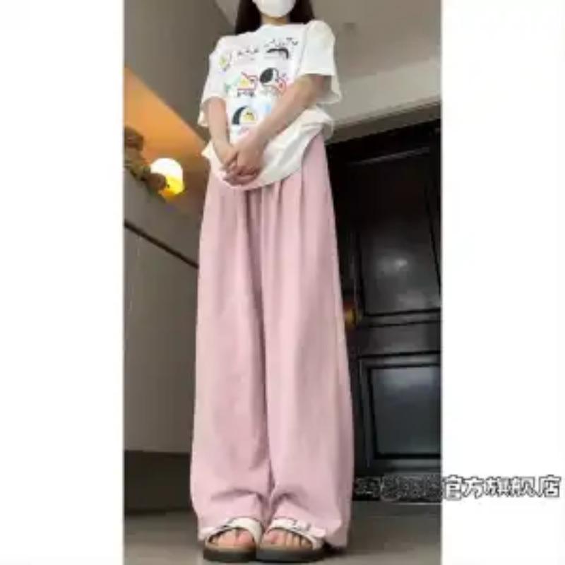 Womens Elastic High Waist Loose Casual Soft Linen Wide Leg Pants S розовый