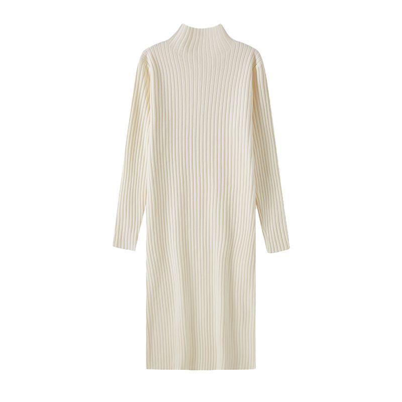 Women's Autumn & Winter Wool Knit Dress - Half-High Collar, Loose Long Sleeve, Mid-Length Base Layer Over the Knee.