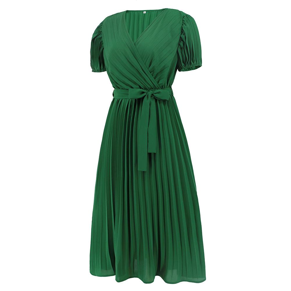 Damski dekolt w kształcie litery V, rękaw bąbelkowy, plisowany, jednolity kolor, szczupły temperament, długie sukienki