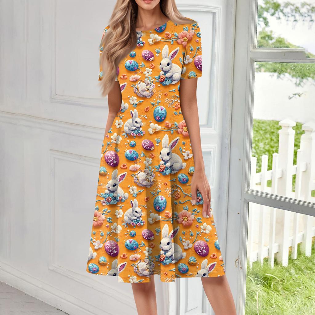 Robe mi-longue imprimée à manches courtes et col rond pour femme, ample, décontractée et tendance