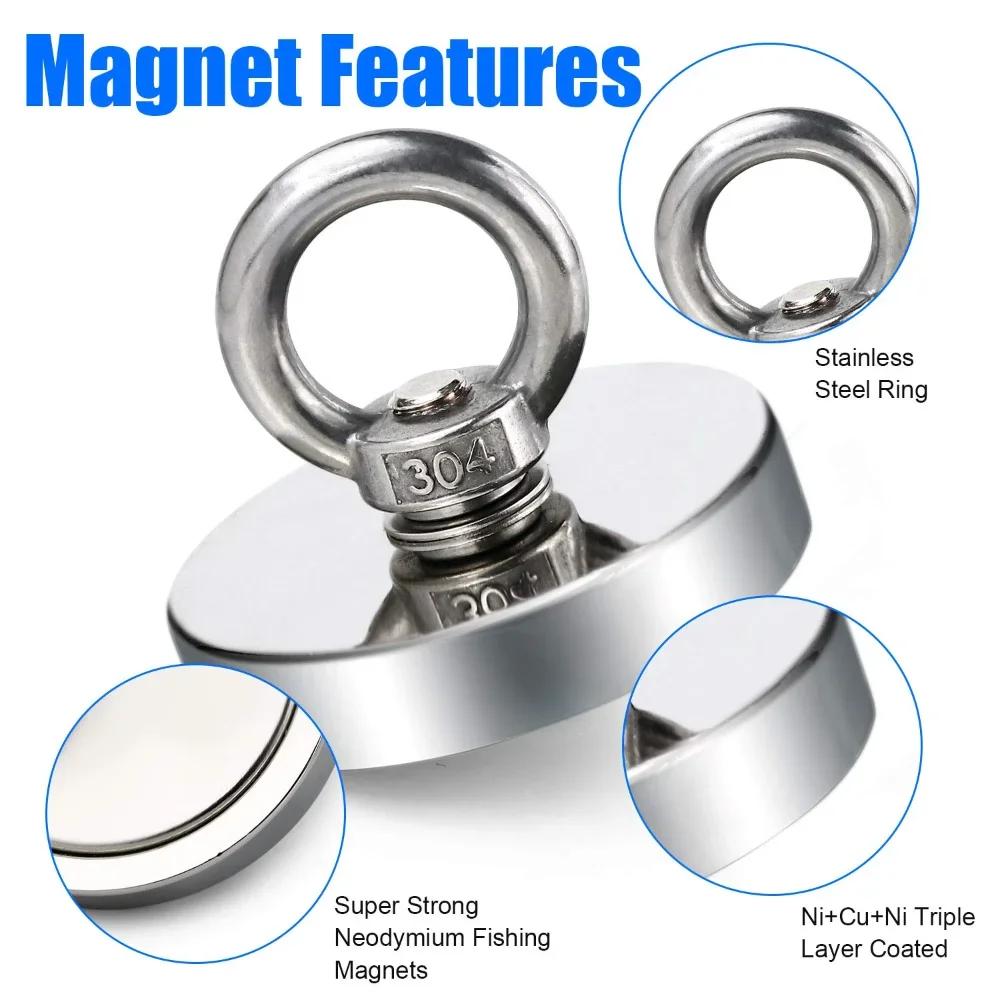 Super Strong Neodymium Fishing Magnets Salvage Magnetic Hook with Countersunk Hole Eyebolt Diameter 42mm 60KG Pulling Force