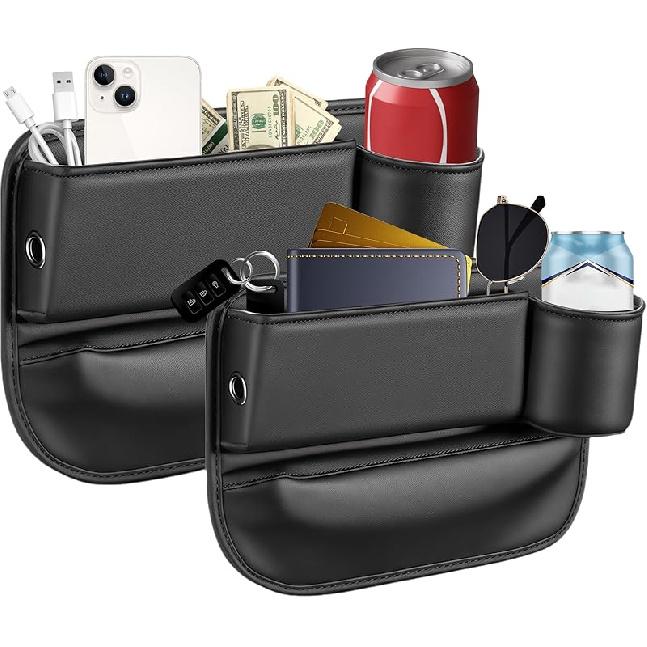 2026 Upgraded 2 PC (L+R) Premium PU Leather Car Seat Gap Filler Organizer With Cup Holder & Storage Slot/Bag– Fits Front Seat, Holds Phone,