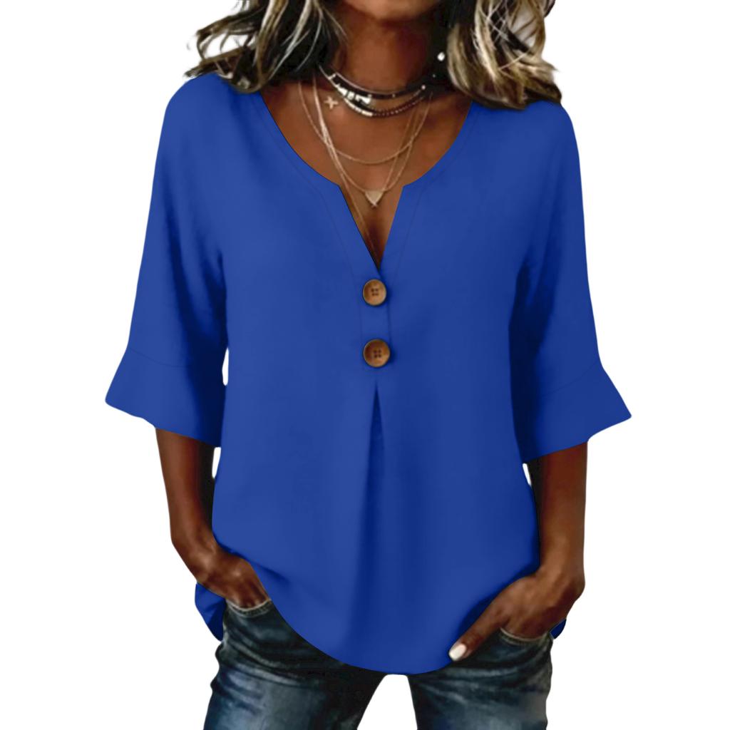 Women's  Color Button Casual V-neck Fashionable Seven Quarter Sleeve Top