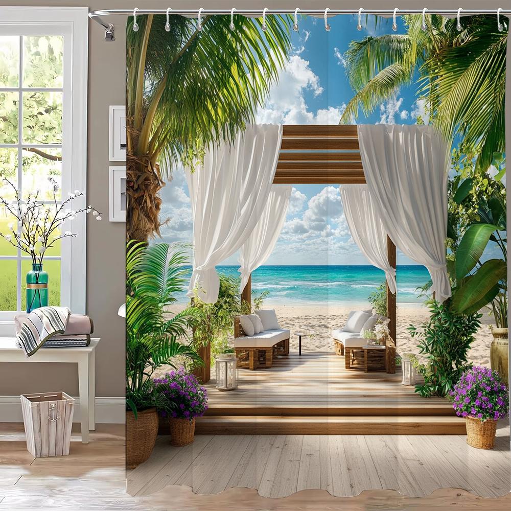 Seaside Beach Flower Scenery Print Waterproof Shower Curtain Partition Privacy Hanging Curtain With 12 Hooks Machine Washable