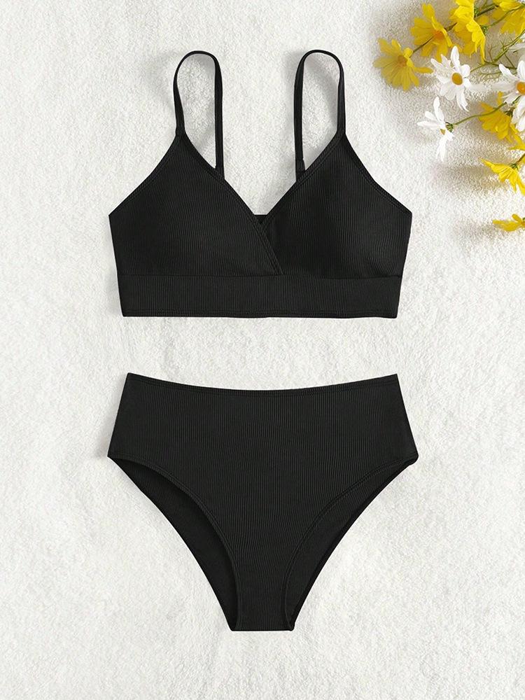 2024 European & American Girls' Solid Color Two-Piece Bikini Swimsuit