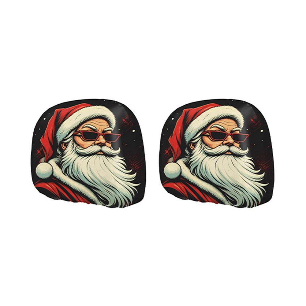 2PCS Santa Claus Print Car Seat Headrest Cover Auto Headrest Cover Set Car Interior Decoration