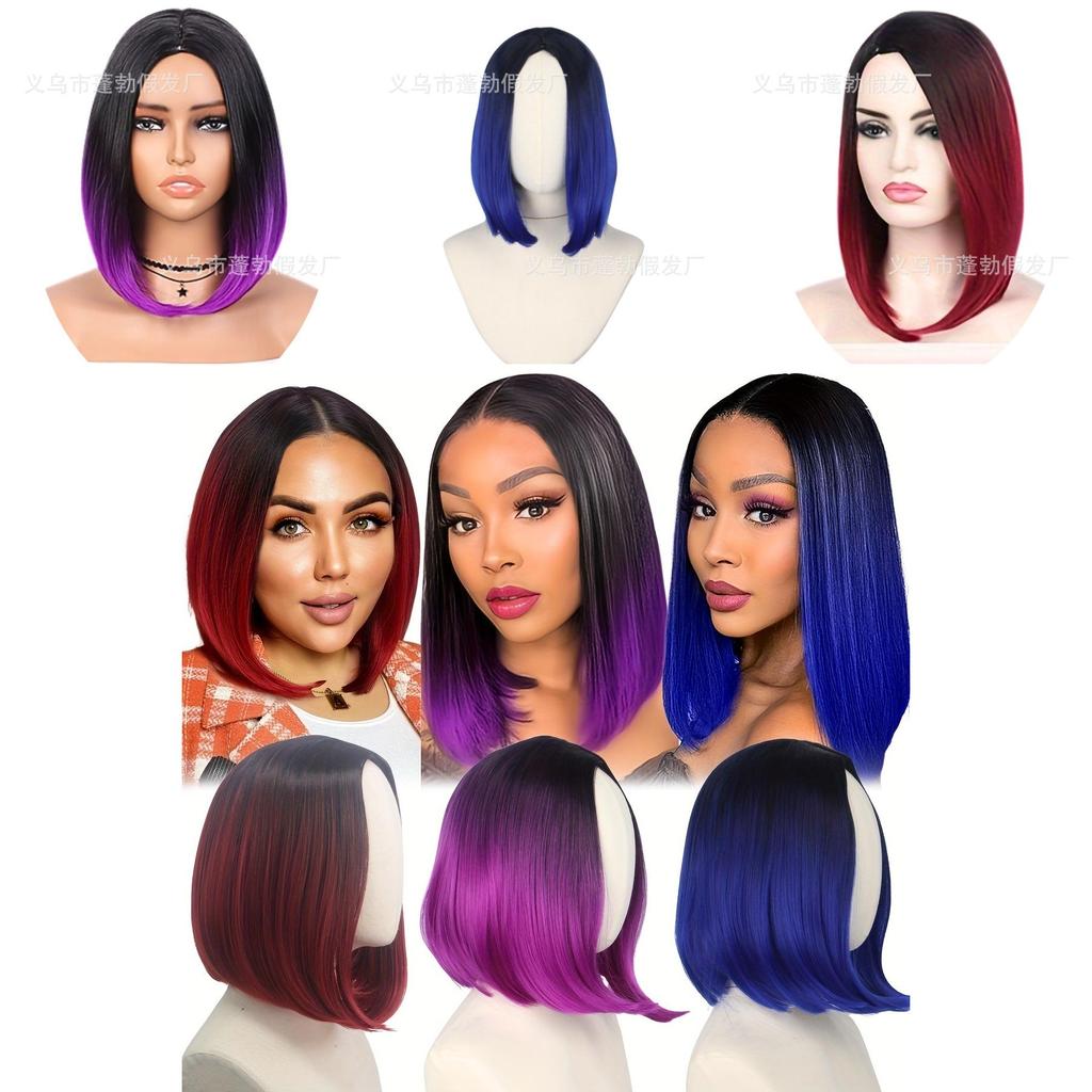 Premium Short Wig With Middle Part For Women Black Blue For Cosplay