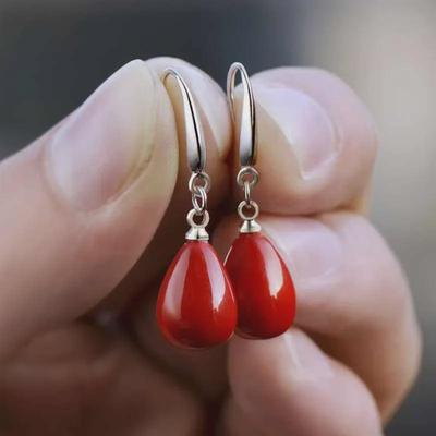 Brincos Longos de Pérola Vermelha em Prata de Lei S925 Estilo Coreano para Mulheres