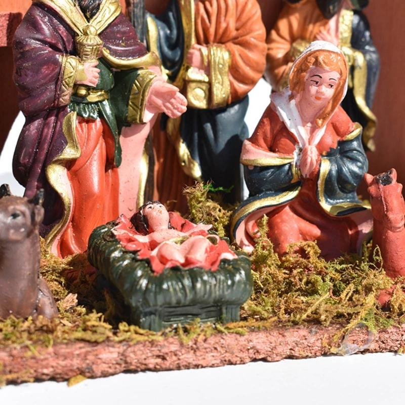 Permanent Religious Birth Manger Display With Oaken Stable And Rosin Figures