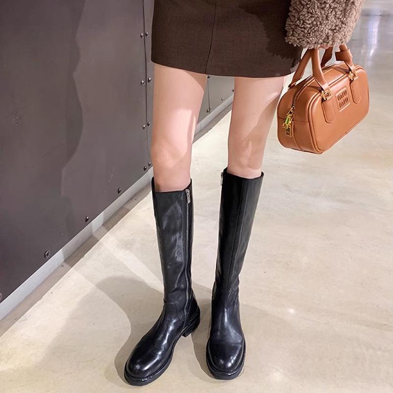 Grape mother new model, washed horse leather inside and out, thick heel, thick-soled high boots, side zipper, simple and thin knight boots for women