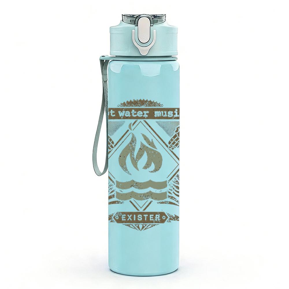 1PC Ornate layered band crest print 750ml colorful plastic sports water bottle leakproof pop up lid with straw for outdoor work home use
